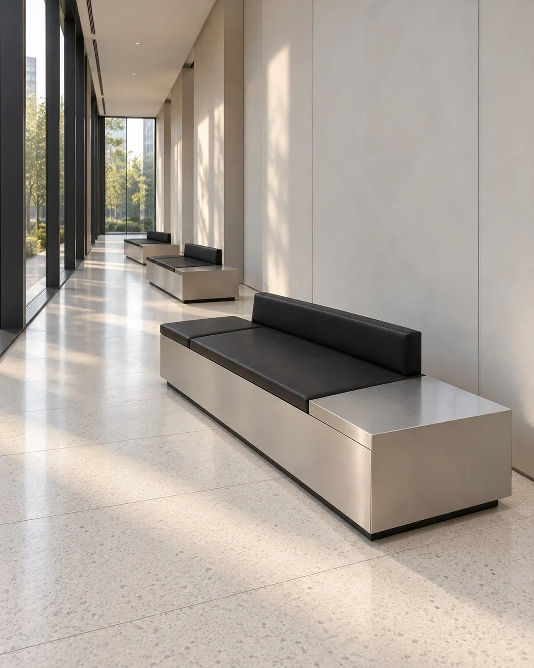 Stainless steel and leather benches along a gallery