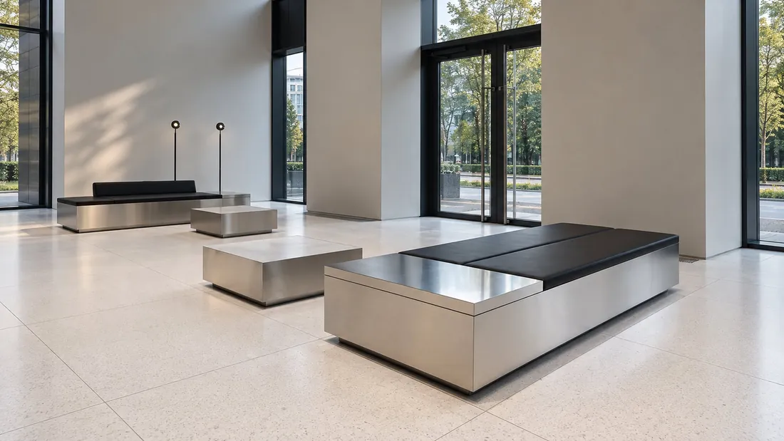 Business centre lobby with stainless steel benches