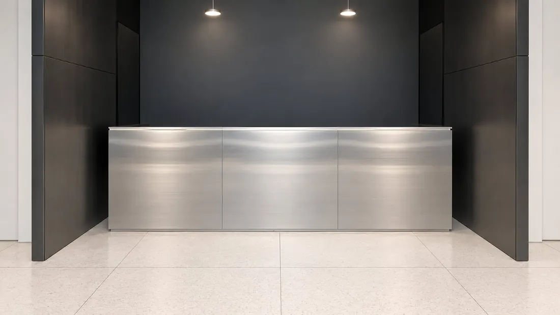 Brushed stainless steel reception desk in front of a dark wall